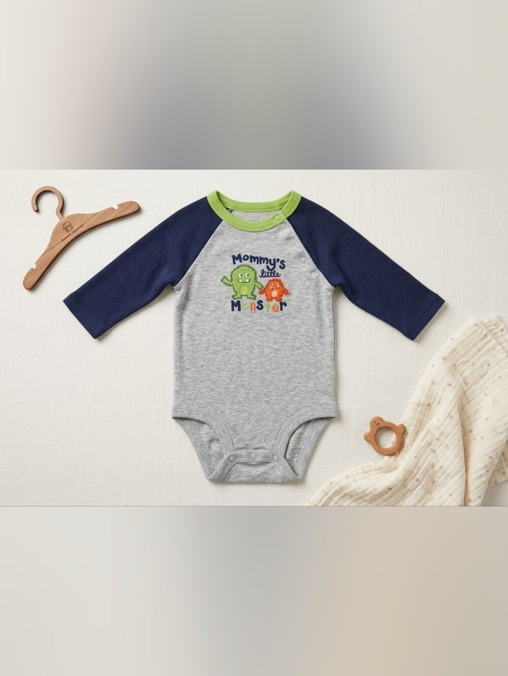 Carter's Gray, Navy & Lime 'Mommy's Little Monster' Raglan One-Piece